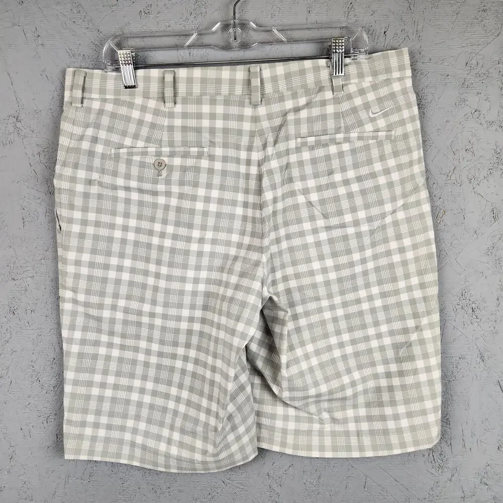 Nike Golf Shorts Mens 36 Gray White Check Plaid Dri Fit Performance Logo Pockets